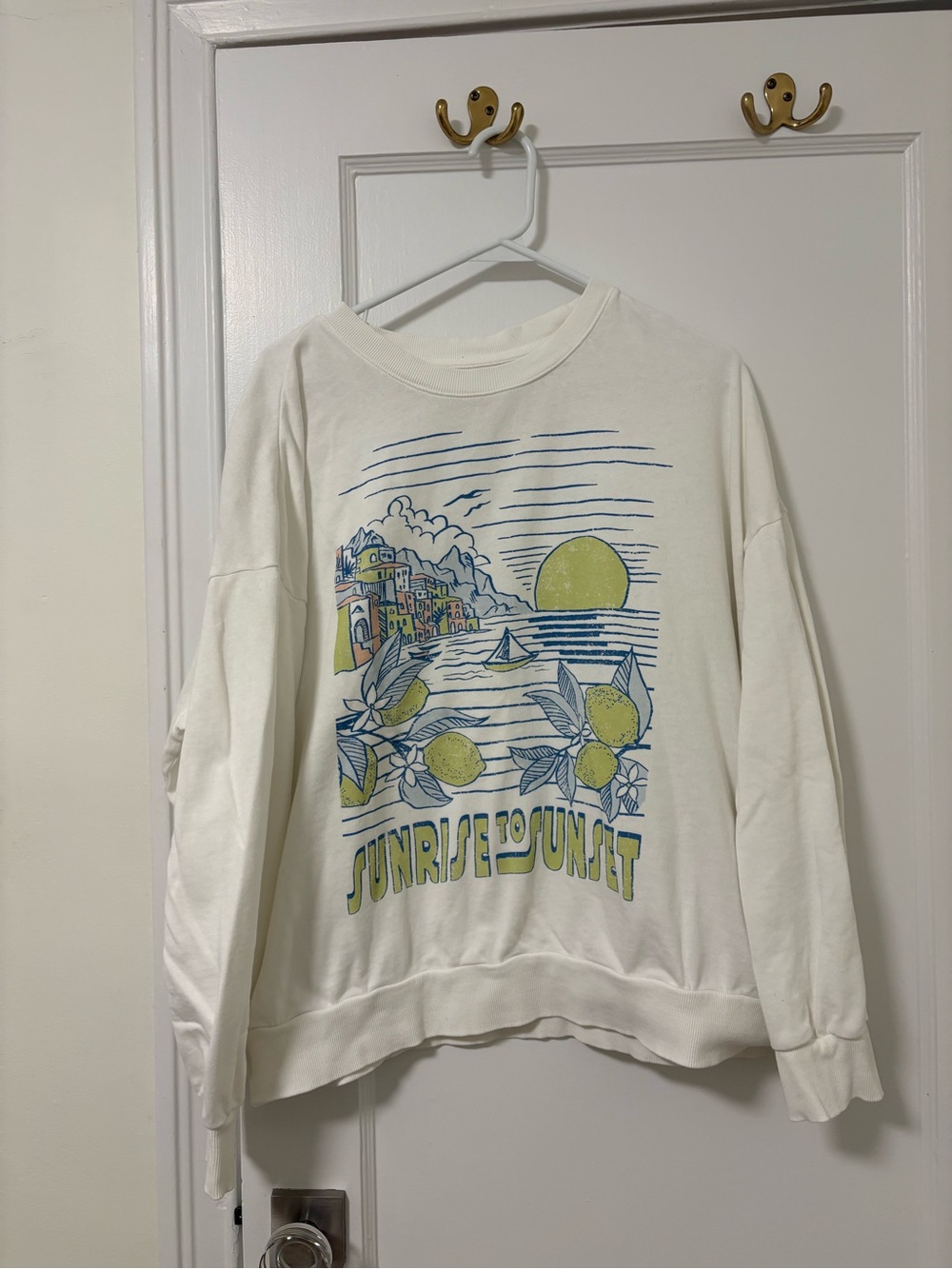 Z Supply Cream Graphic Sweatshirt with Blue and Lemon Yellow Print